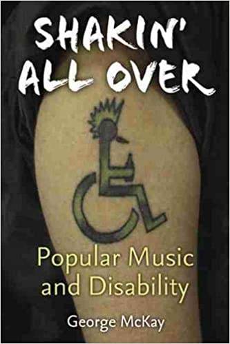 "Shakin&#8217; All Over" book cover featuring a close up photo of an arm with a tattoo of a person in a wheelchair with a mohawk and holding a bottle.